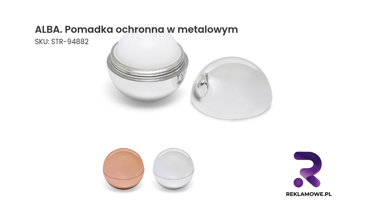 ALBA. Pomadka ochronna, w metalowym opakowaniu w formie kuli, z elementami z materiału ABS ALBA Pomadka ochronna w metalowym opakowaniu